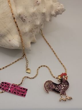 Betsey Johnson Gold Tone Rooster Pendant Necklace - Red & Purple